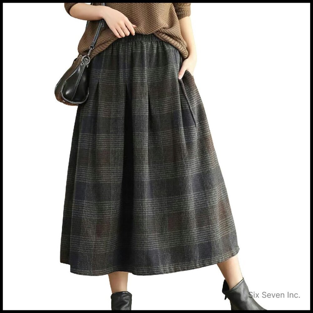 Vintage Plaid Wool Skirt High Elastic Waist A-Line Pleated Midi Long
